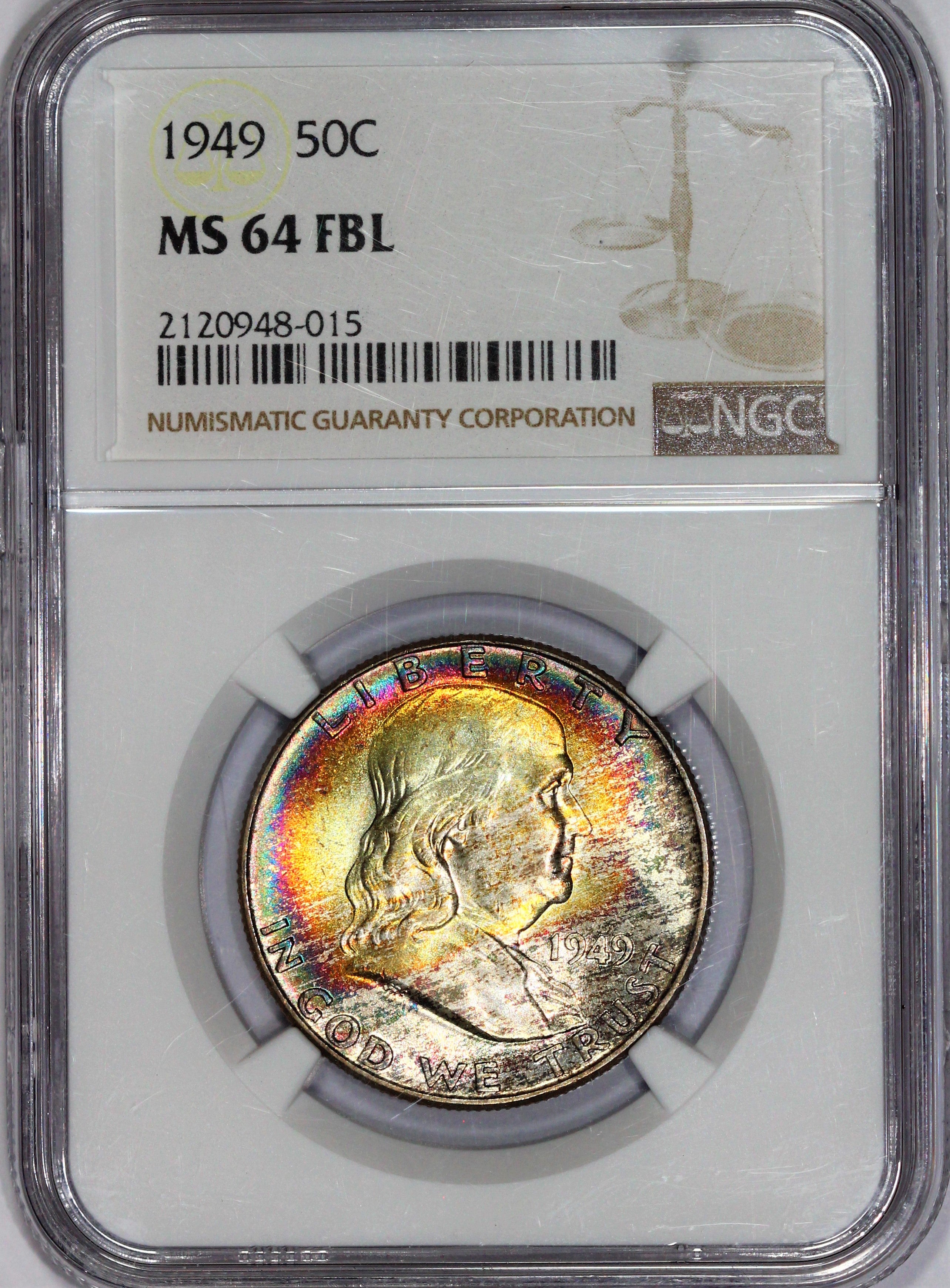 NGC MS-64 FBL 1949 Franklin Half Dollar - Crazy Color! Awesome Toner -