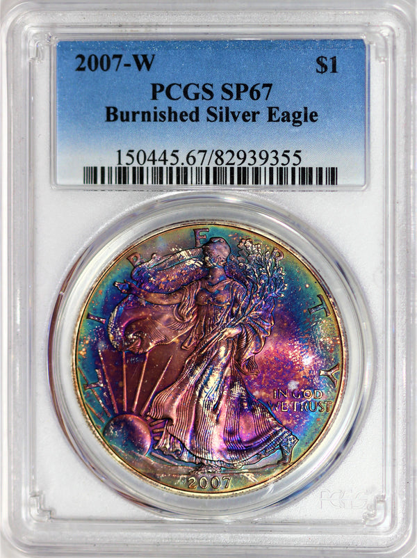 PCGS SP-67 2007-W Burnished American Silver Eagle - Beautiful Toning, Scarce On Burnished Coins!  CJRBTHJC