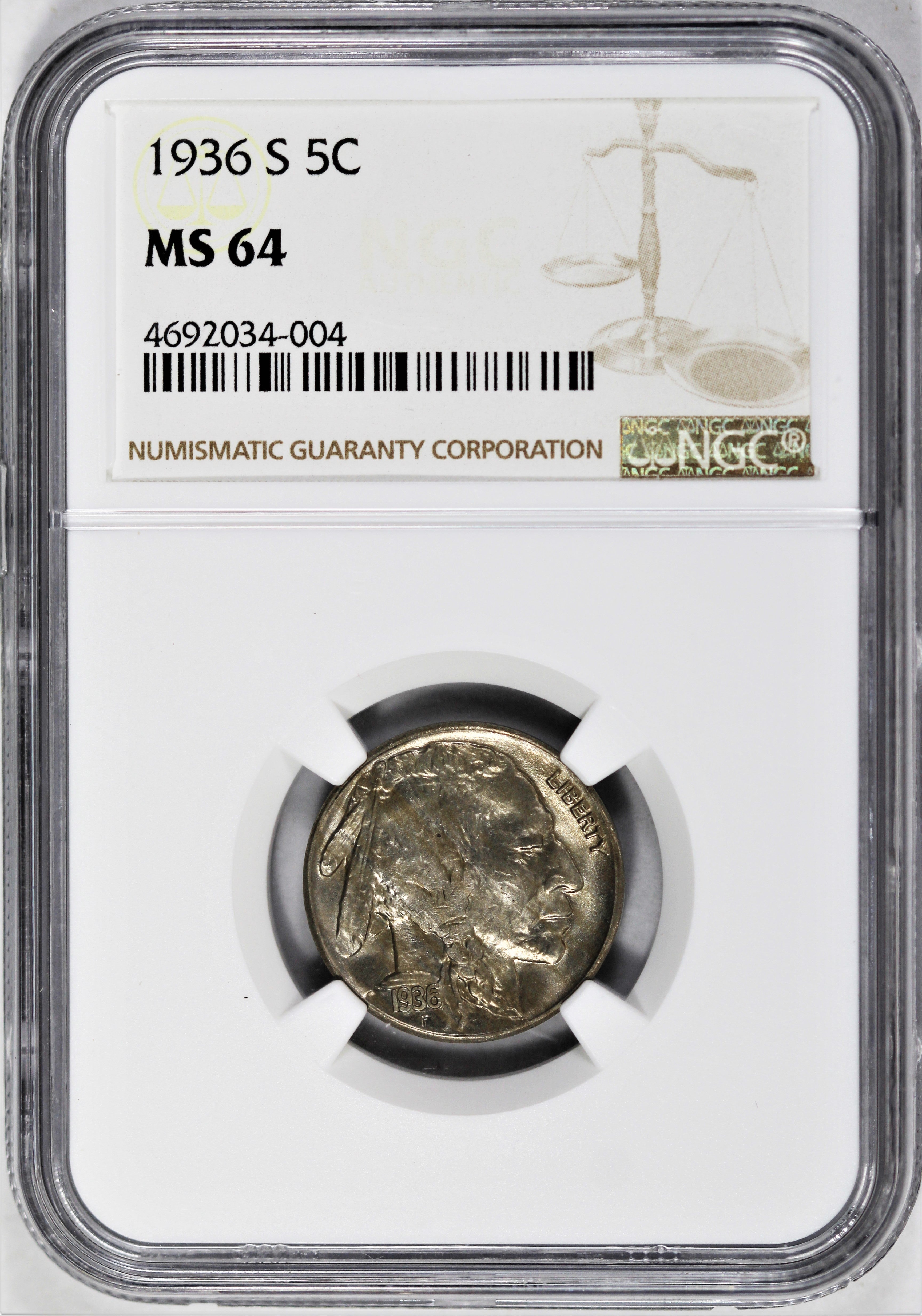 NGC MS-64 1936-S Indian Buffalo Nickel -