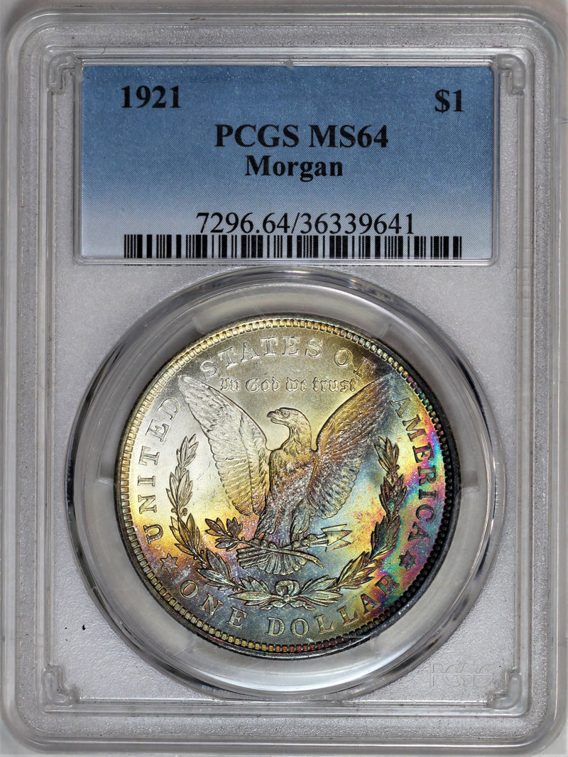 PCGS MS-64 1921 Morgan Silver Dollar - Rare Rainbow Toning! Stunning Coin! BYHLJCR