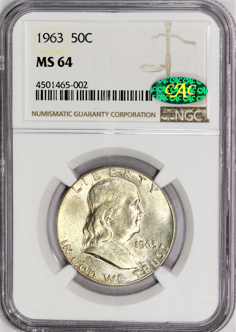 NGC MS-64 CAC 1963 Franklin Half Dollar - Incredible Neon Reverse Color - Must See In Hand ZZRCTYJX-Z
