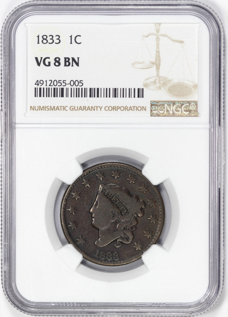 NGC VG 8 BN 1833 Liberty 'V' Nickel