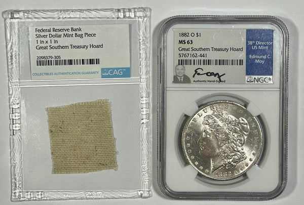 NGC MS-63 Moy Signed1882-O Morgan Silver Dollar - From The Great Southern Hoard + CAG 1x1 Silver Mint Bag Swatch HHLCRC-ZZB
