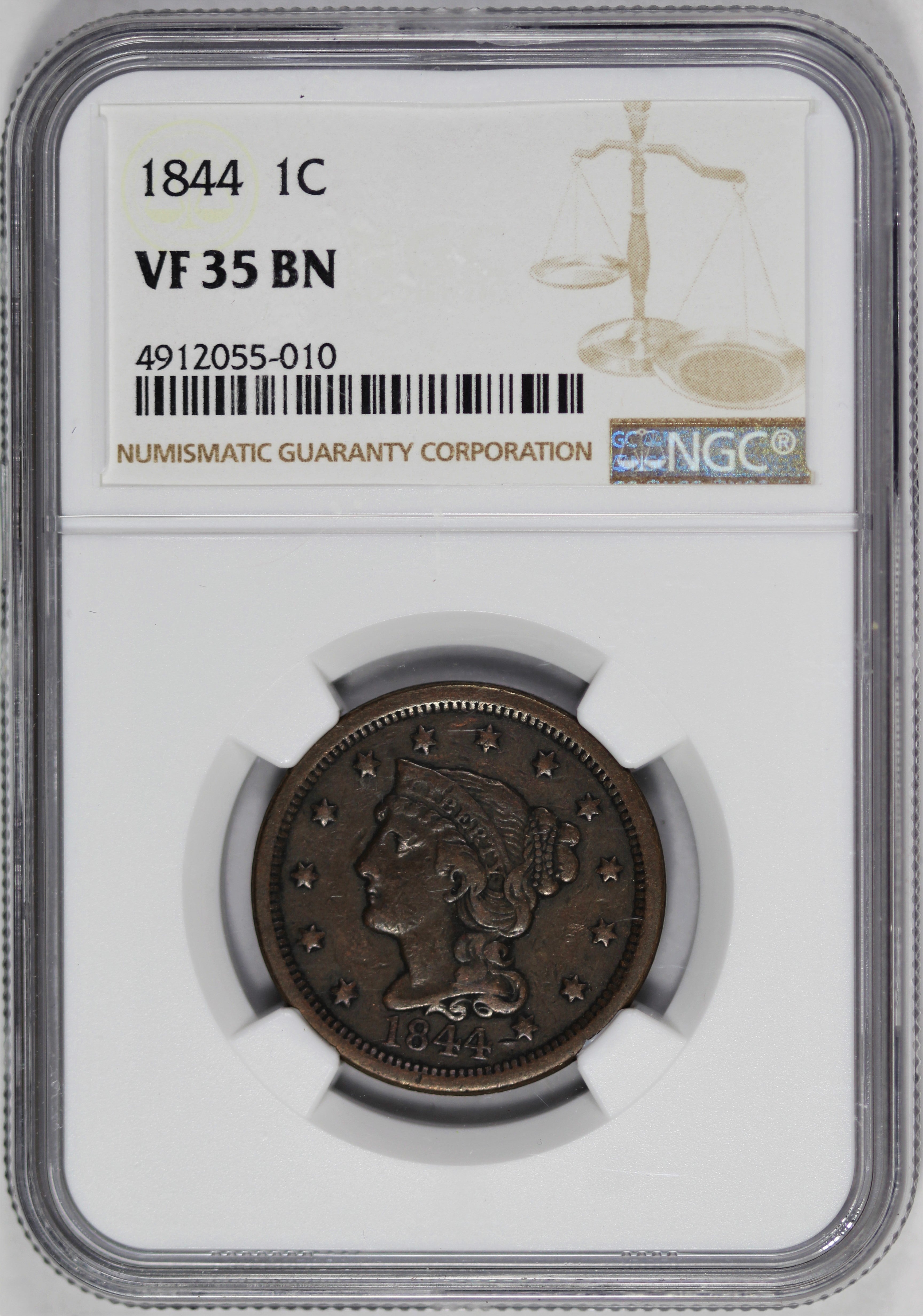 NGC VF 35 BN 1844 Braided Hair Large Cent -