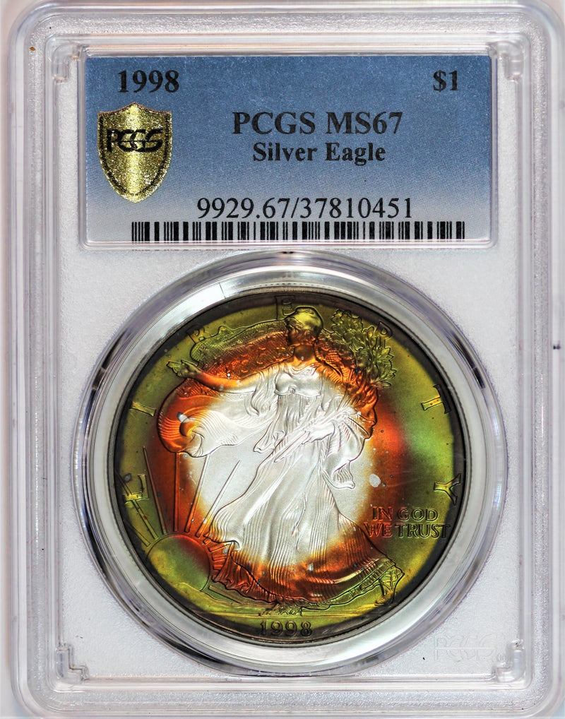 PCGS MS-67 1998 Silver American Eagle - Incredible Rainbow Toning, Even Nicer In Hand! JJEYXCR