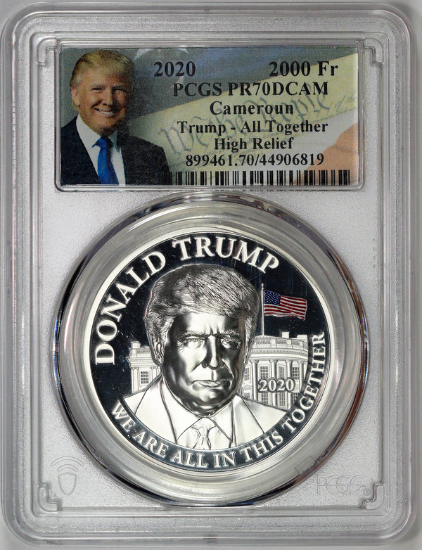 PCGS PF-70 DCAM 2020 Cameroon 2000 Fr Donald J Trump All Together Ultra High Relief 2oz Silver Coin Mintage: 2000 Coins (Double Wide/Thick Holder)