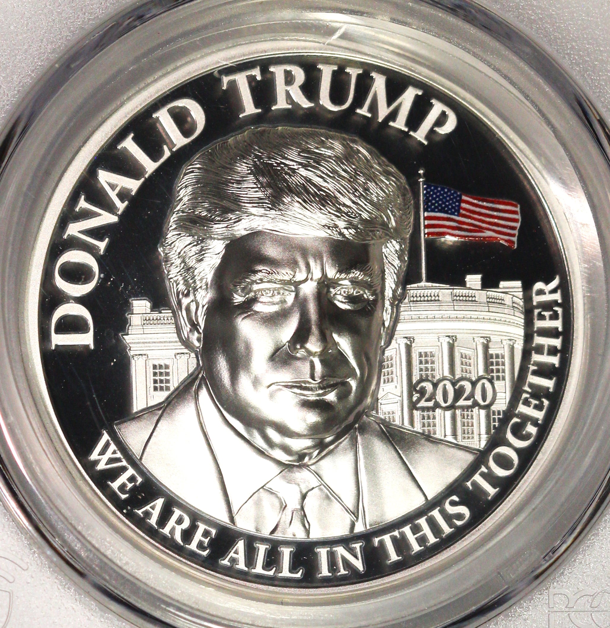 PCGS PF-70 DCAM 2020 Cameroon 2000 Fr Donald J Trump All Together Ultra High Relief 2oz Silver Coin Mintage: 2000 Coins (Double Wide/Thick Holder)