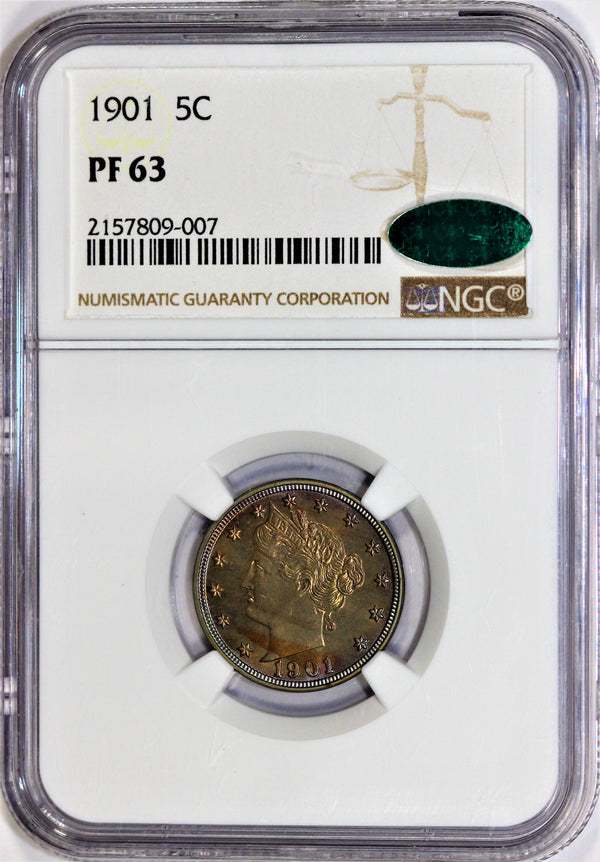NGC PF-63 CAC 1901 Proof V Nickel w/ Beautiful Color Toning - Pretty US Type Coin! CCRRHMLB
