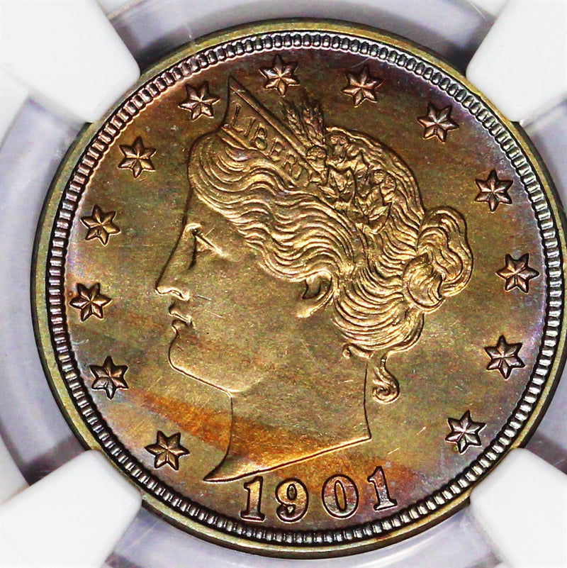 NGC PF-63 CAC 1901 Proof V Nickel w/ Beautiful Color Toning - Pretty US Type Coin! CCRRHMLB