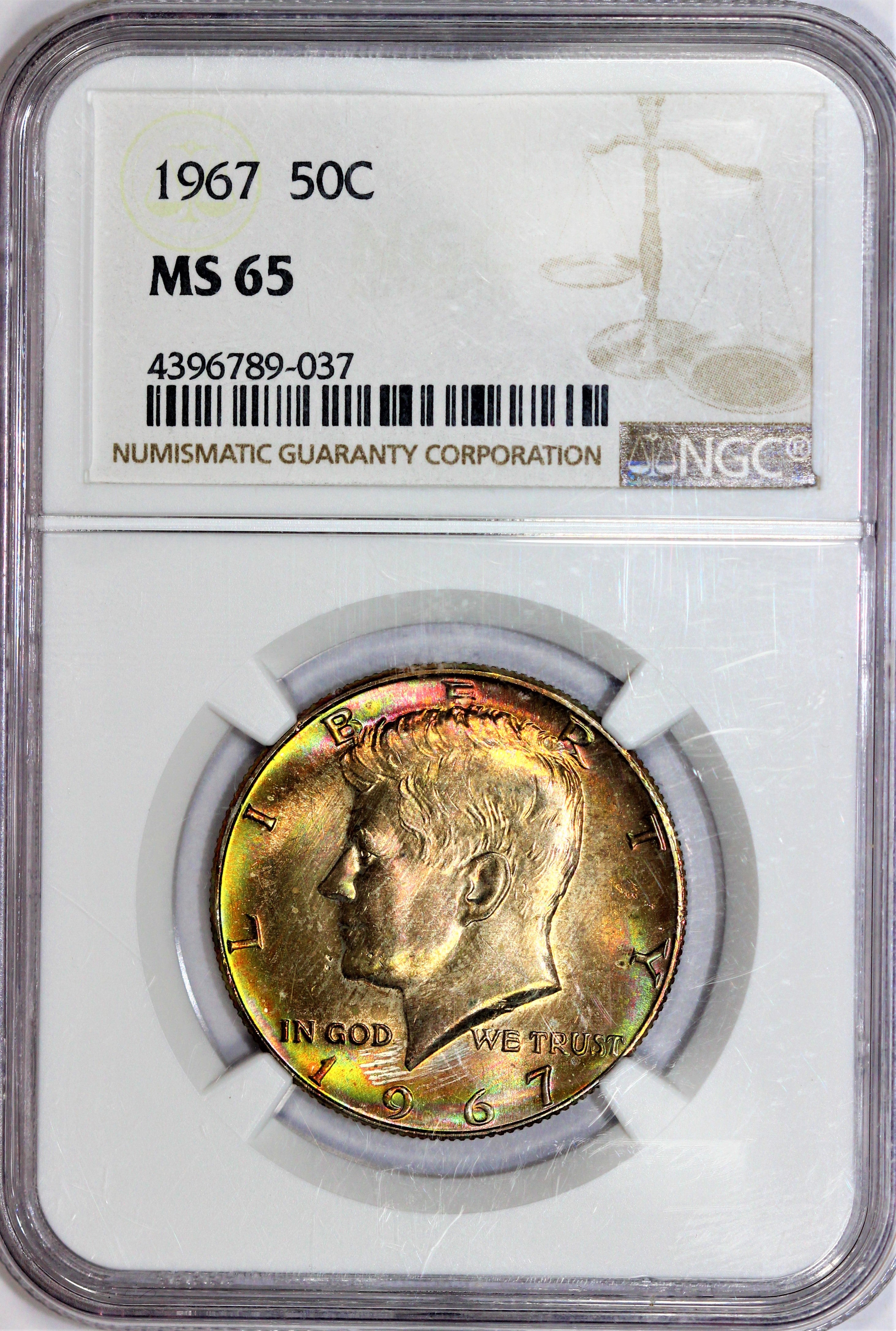 NGC MS-65 1967 Kennedy Half Dollar - Colorful Obverse - VERY PRETTY!!