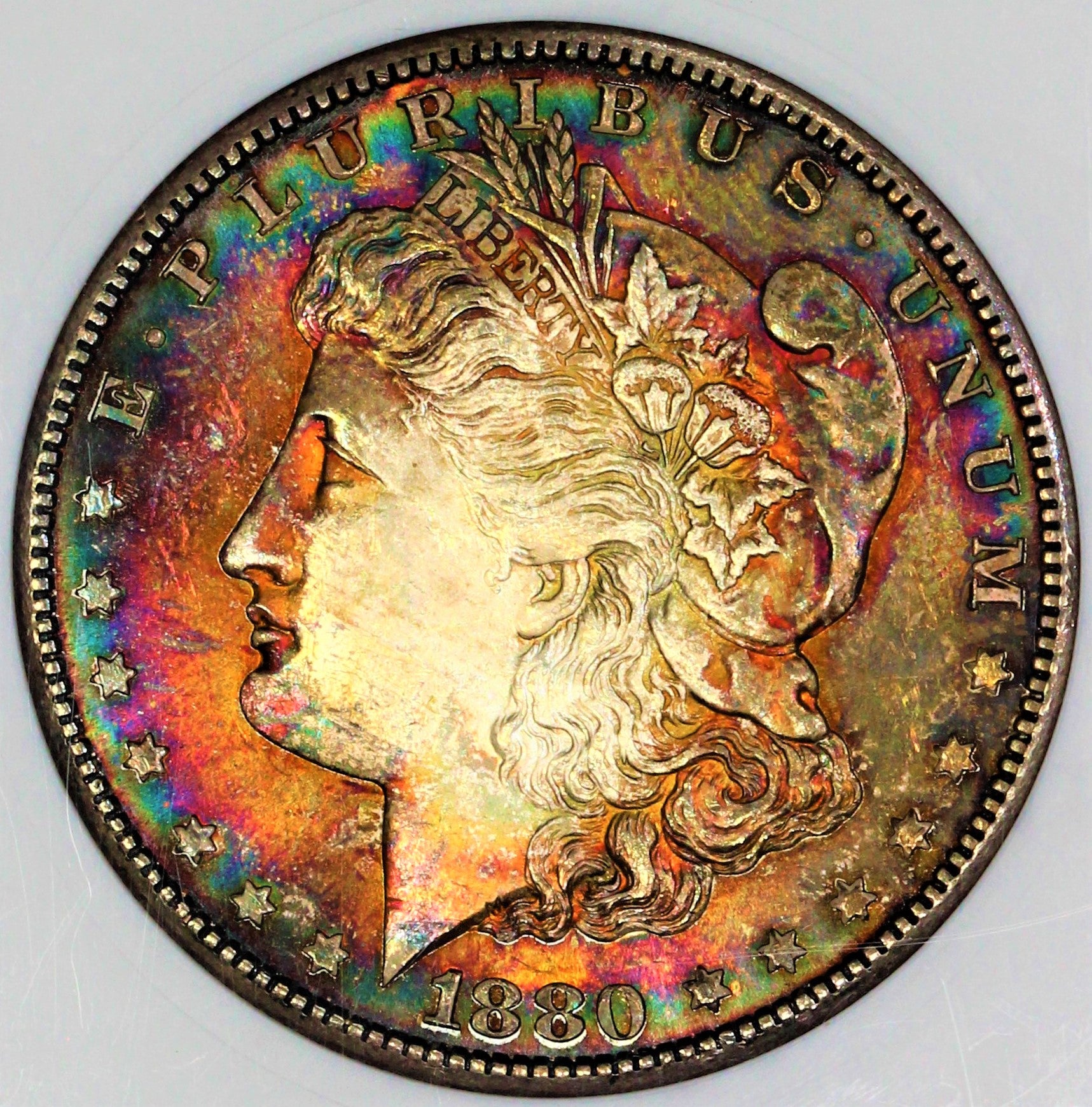 ANACS MS-64 1880-S Morgan Silver Dollar - Housed in An Old Soap Box Holder - Dual Rainbow Toned To Perfection! RCCBRBOJX