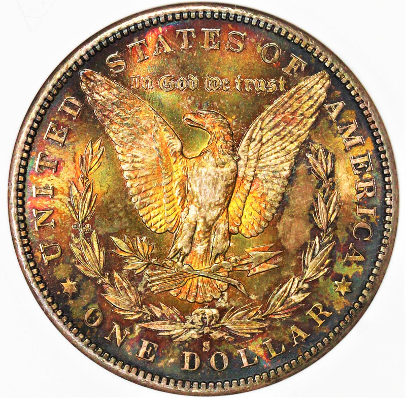 ANACS MS-64 1880-S Morgan Silver Dollar - Housed in An Old Soap Box Holder - Dual Rainbow Toned To Perfection! RCCBRBOJX