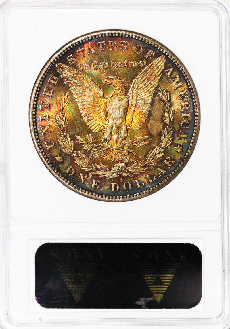 ANACS MS-64 1880-S Morgan Silver Dollar - Housed in An Old Soap Box Holder - Dual Rainbow Toned To Perfection! RCCBRBOJX