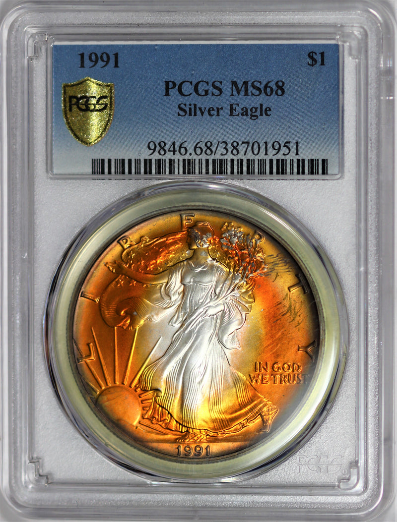 PCGS MS-68 1991 American Silver Eagle - Beautiful Toner! Stunning Oranges - CJTHJRC-Z
