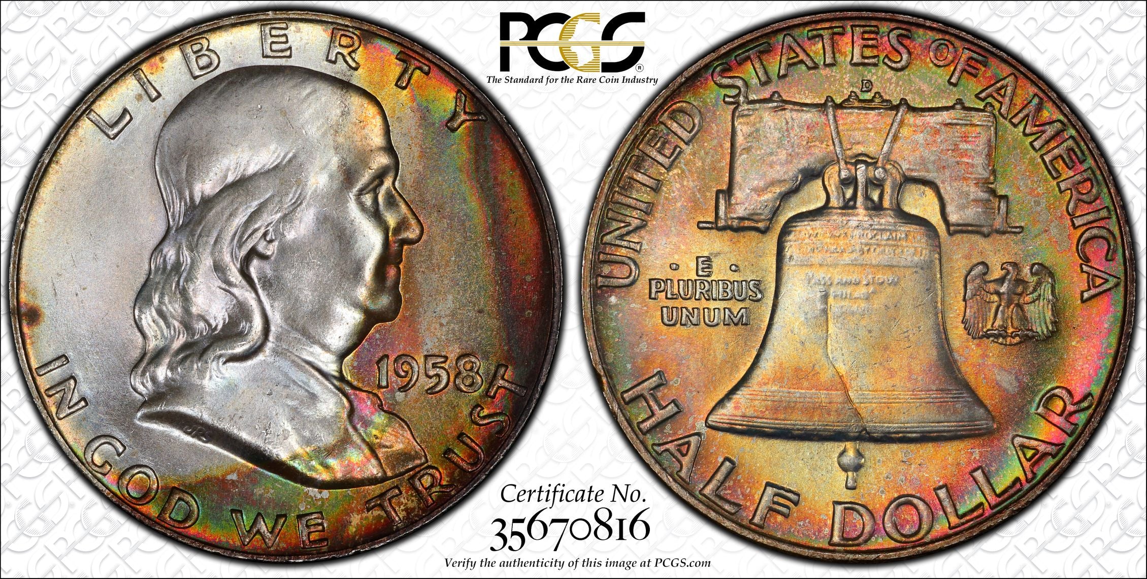 PCGS 1958-D MS-66+ FBL Franklin Half Dollars - Beautiful Color & Surfaces - Looks Like a 7 To Us! CJOJJ-ZBB