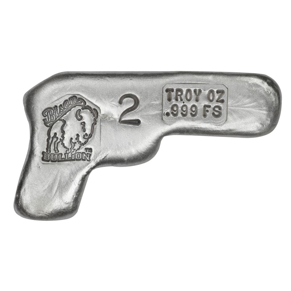 Hand Poured 2oz .999 Silver "*PEW* Poured Pistol" - Stock # BB2ZPP / DTC-BRZZCC