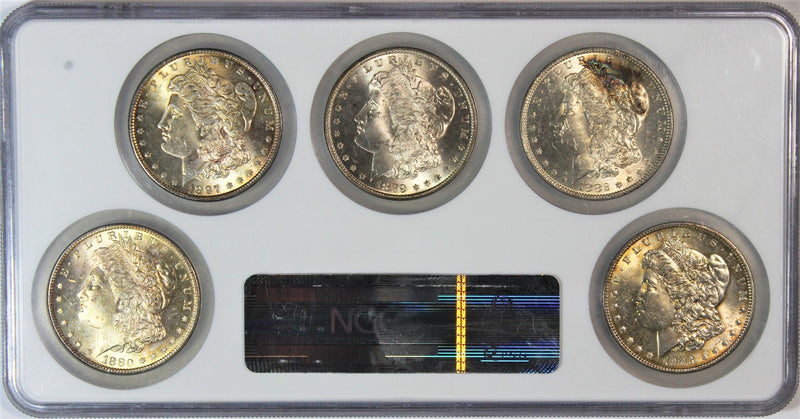 NGC 5 Piece Morgan Silver Dollar Tab Toned - Housed In A Multi Holder - WOW!